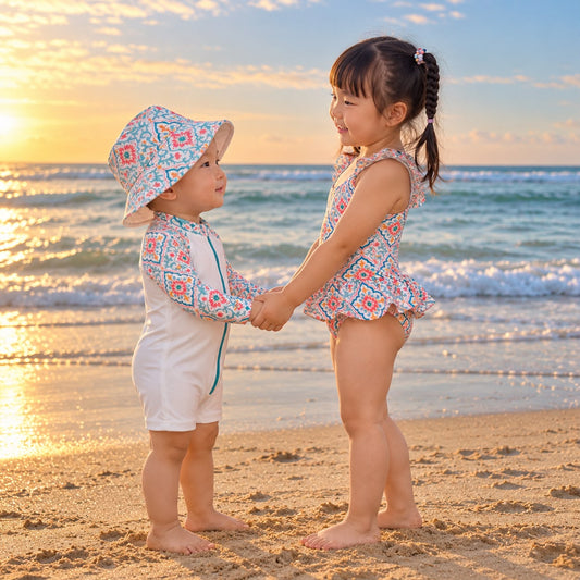 Two children in matching KaiLynn Coral Bloom swimwear holding hands on the beach at sunset.