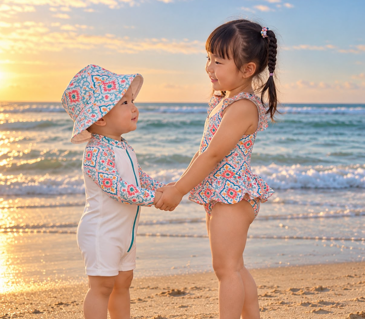 Two children wearing KaiLynn Coral Bloom swimwear hold hands on a beach at sunset.